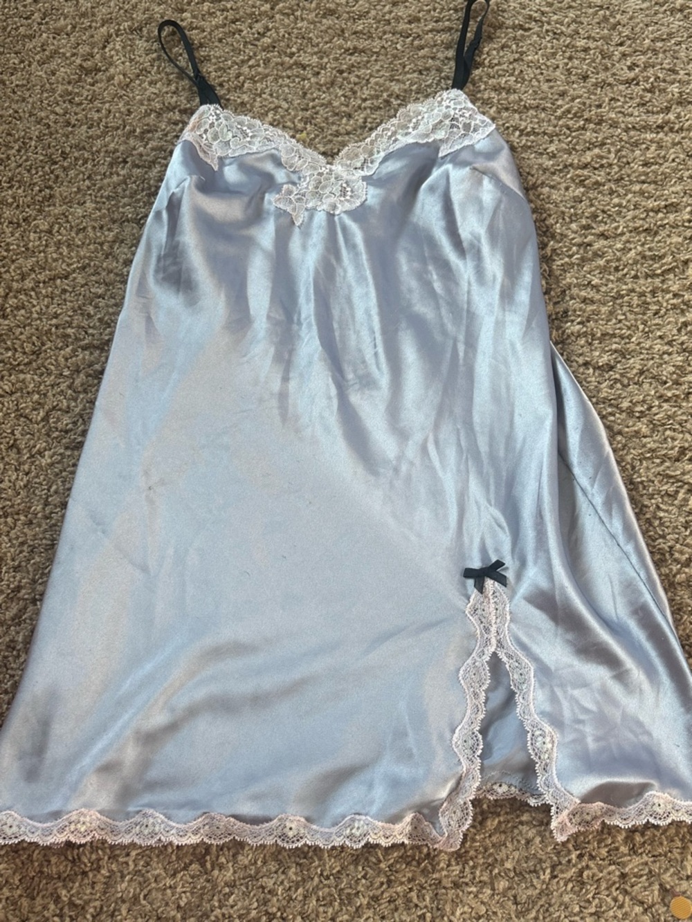 Victoria's Secret Light Blue Satin Slip with White Lace and Black Straps
